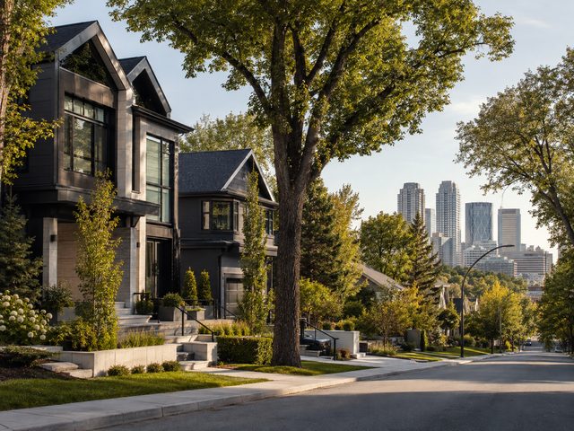A tree-lined inner-city Calgary street of contemporary homes with the downtown towers beyond.
