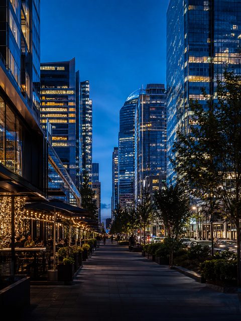 A downtown street at blue hour with lit office towers and busy patios.
