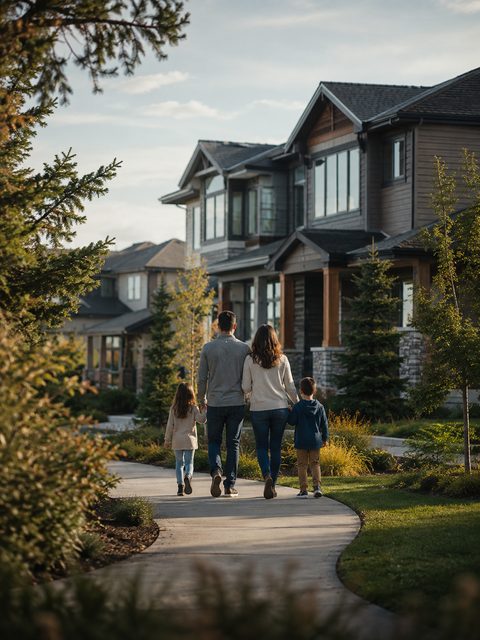 Two adults and two children walking a landscaped path in a newer suburban community.