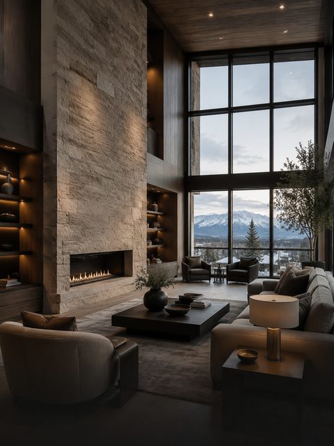A double-height living room with a full-height stone fireplace and mountain views through tall windows.
