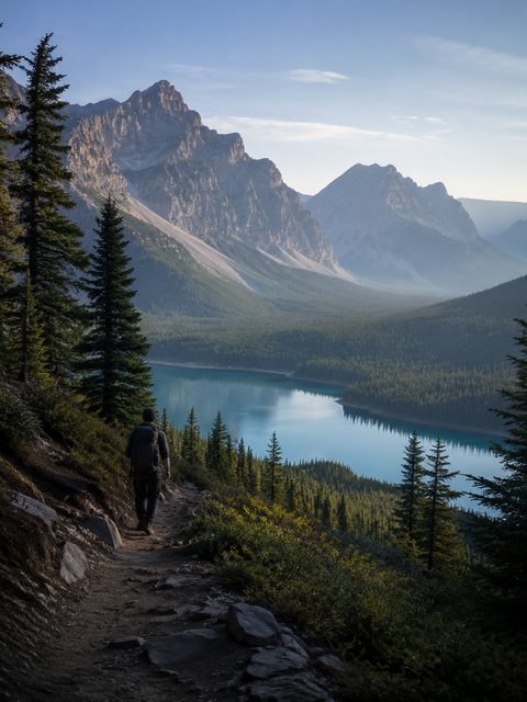 A hiker on a forest trail above a turquoise mountain lake in the Rockies.